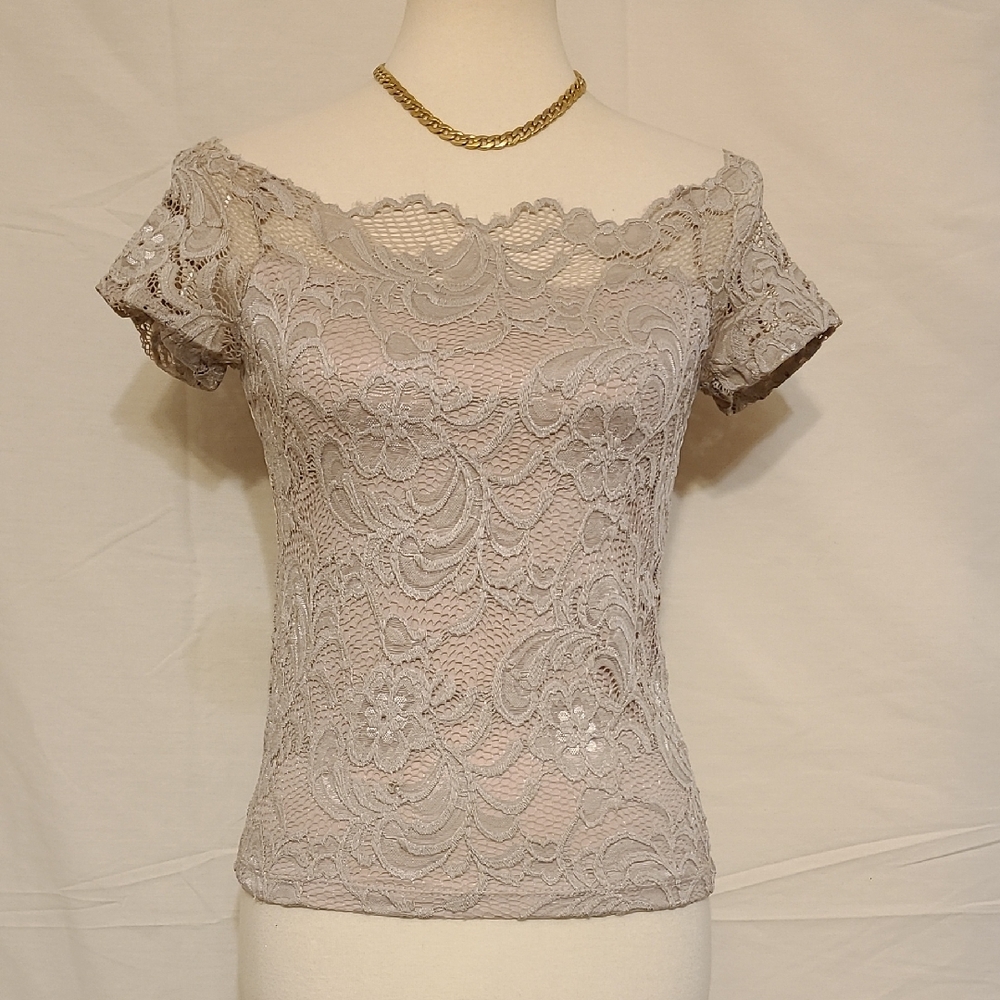Ambiance Elegant Taupe Off-the-shoulder Short Sleeve Lace Top